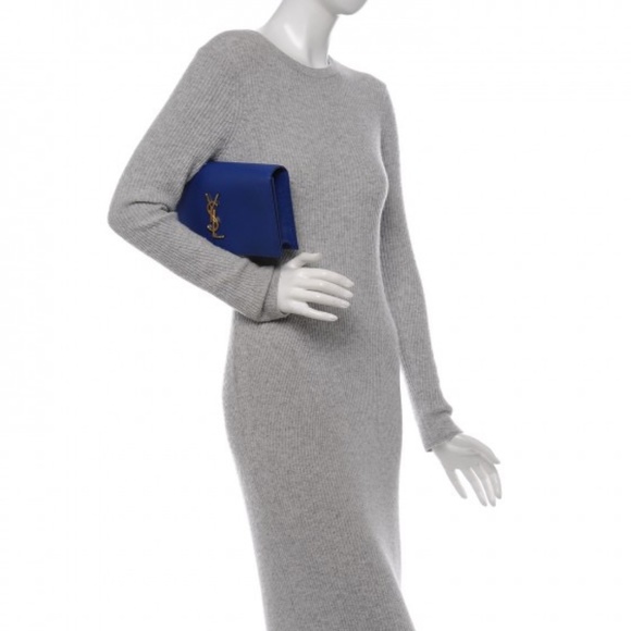Yves Saint Laurent Handbags - SAINT LAURENT Grain De Poudre Classic Monogram Clutch Outremer